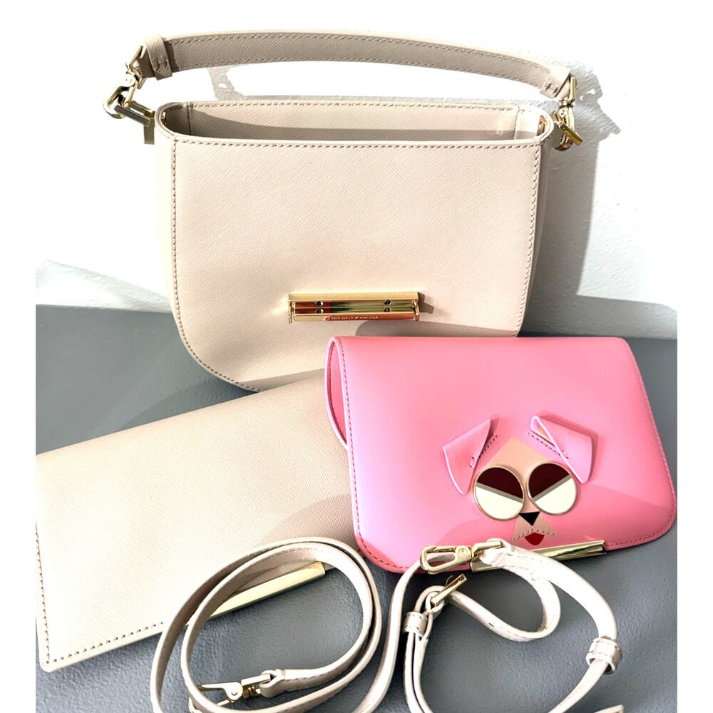 Kate Spade Make It Mine Dog Applique Crossbody Satchel Pink Beige 2 Flaps NWOT - Picture 2 of 8